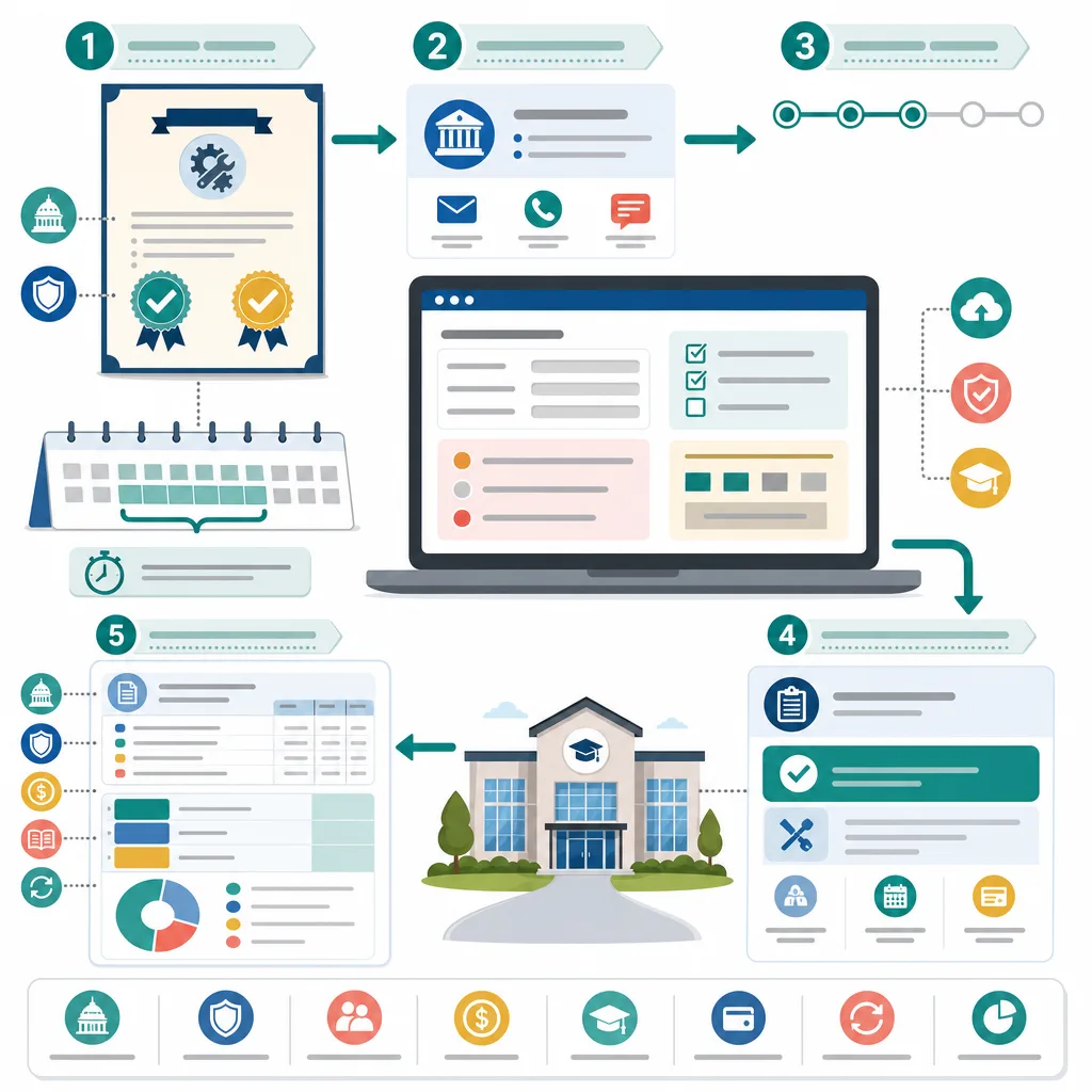 Five-step financial aid process with documents, online application, review, calendar, and college
