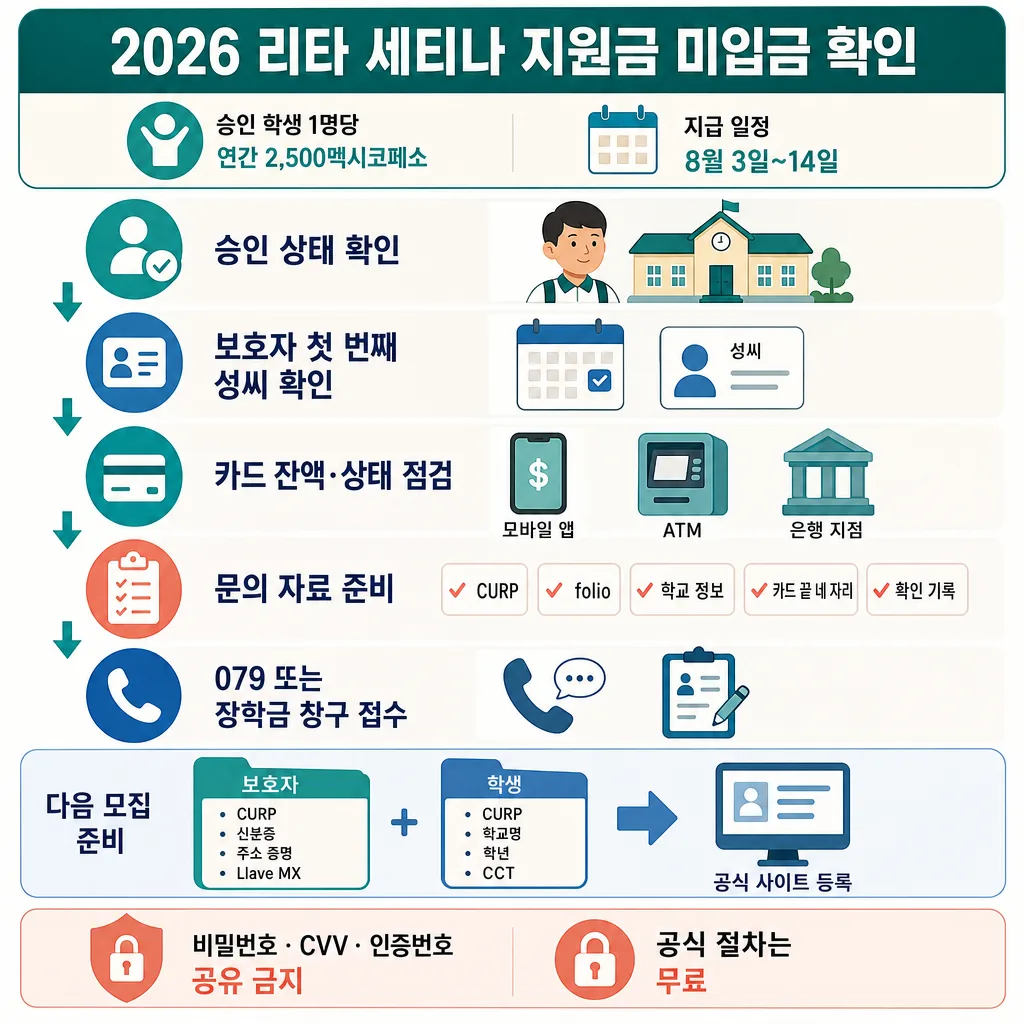 2026 리타 세티나 지원금 미입금 확인 절차와 다음 모집 준비를 안내하는 인포그래픽