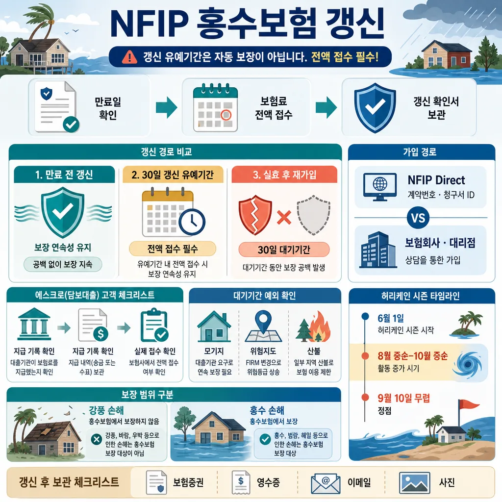NFIP 홍수보험 갱신 절차, 30일 유예기간, 가입 경로와 허리케인 시즌을 안내하는 인포그래픽