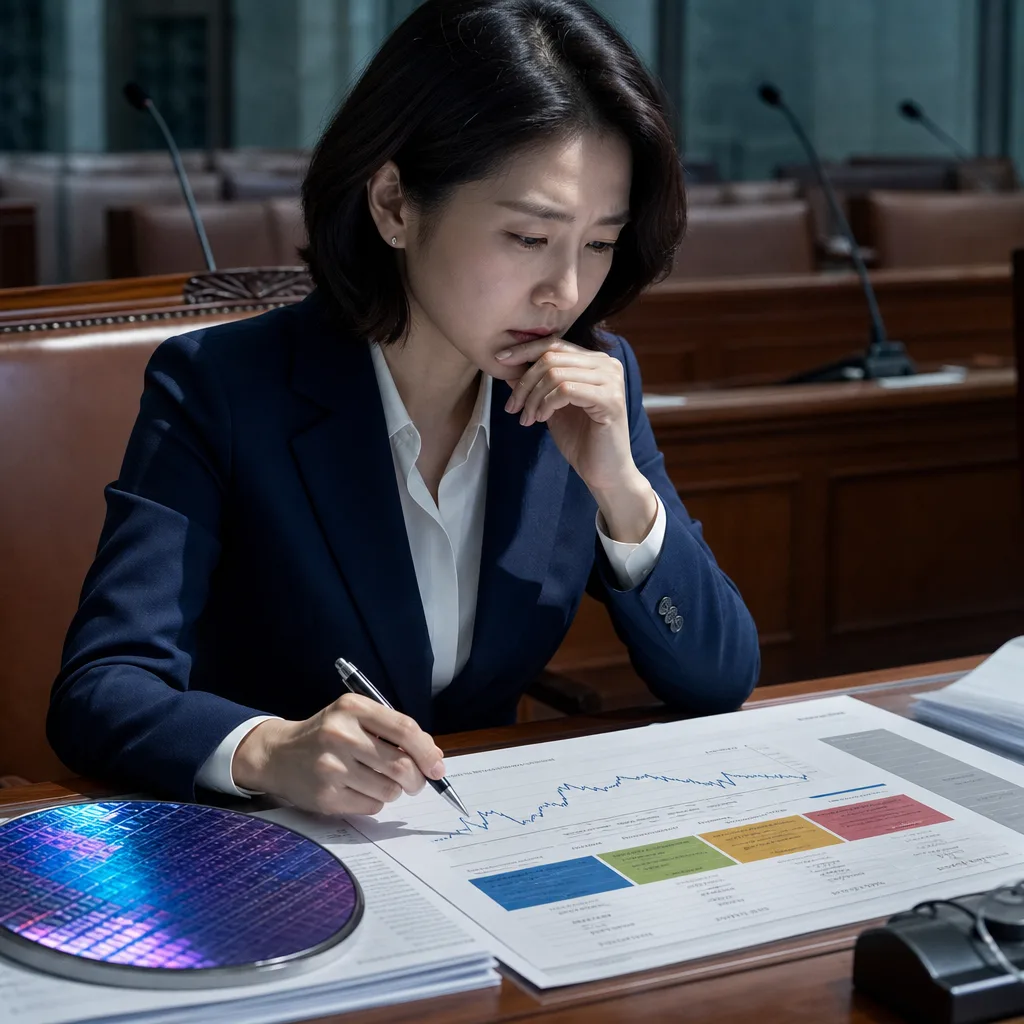 회의실에서 반도체 웨이퍼 옆의 그래프 자료를 검토하는 여성