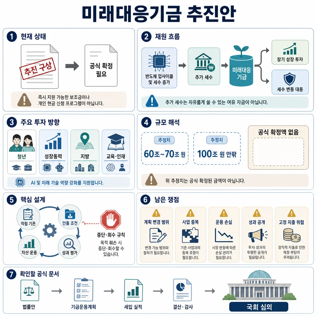 미래대응기금의 추진 상태, 재원 흐름, 투자 방향, 규모 추정과 남은 쟁점을 정리한 인포그래픽