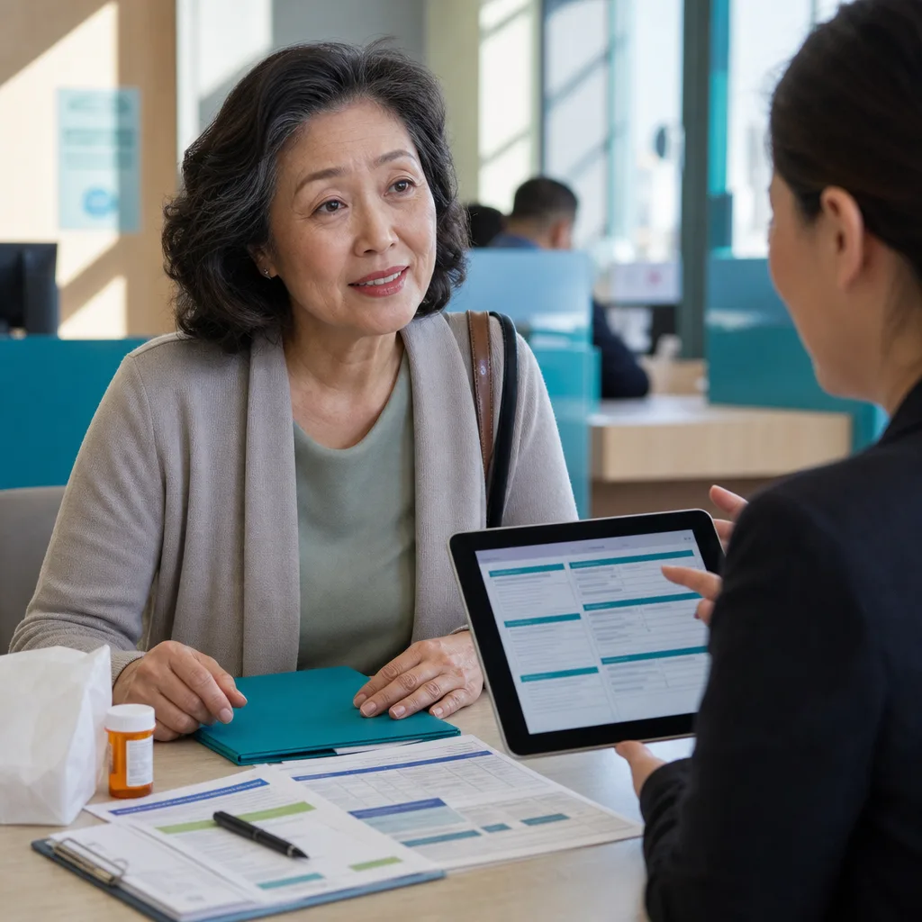 Older woman consulting with an adviser using a tablet beside forms and a prescription bottle
