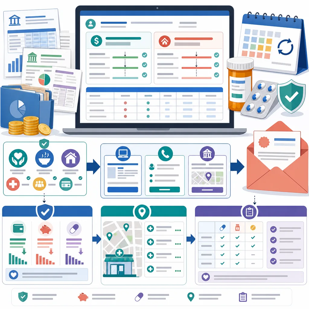 Healthcare aid infographic with a laptop, financial documents, medication, calendar, and application steps