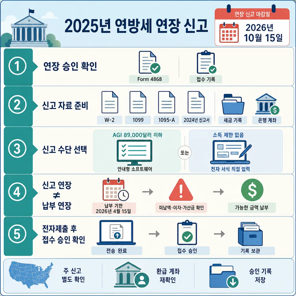 2025년 연방세 연장 신고의 2026년 10월 15일 마감일과 5단계 절차를 안내하는 인포그래픽
