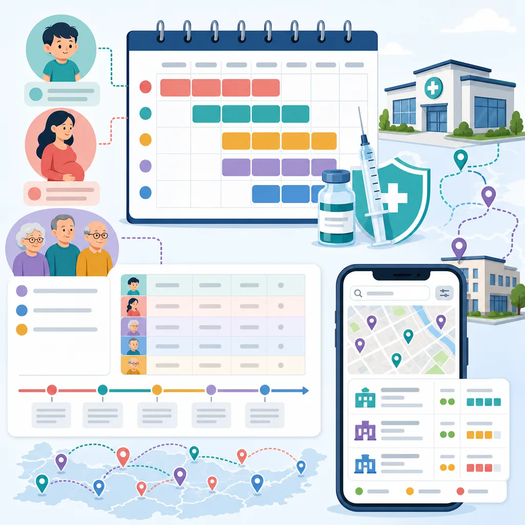 어린이·임신부·어르신과 접종 일정표, 백신, 병원 위치 지도를 담은 독감 예방접종 안내 삽화