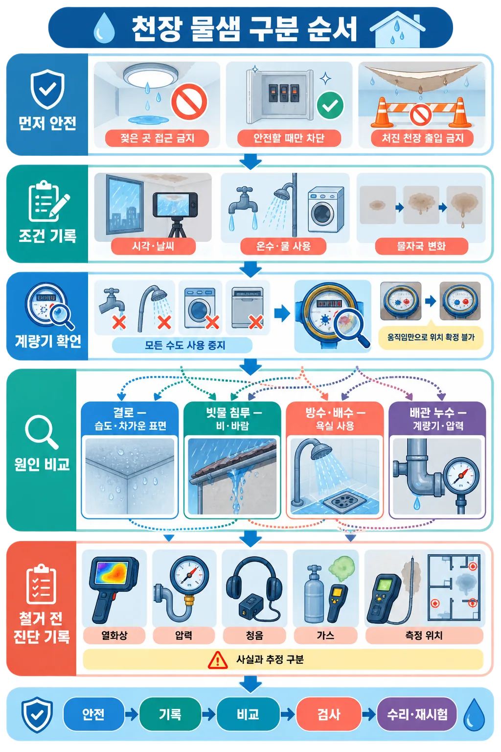 천장 물샘 원인을 결로·빗물 침투·방수 배수·배관 누수로 구분하는 단계별 안내도