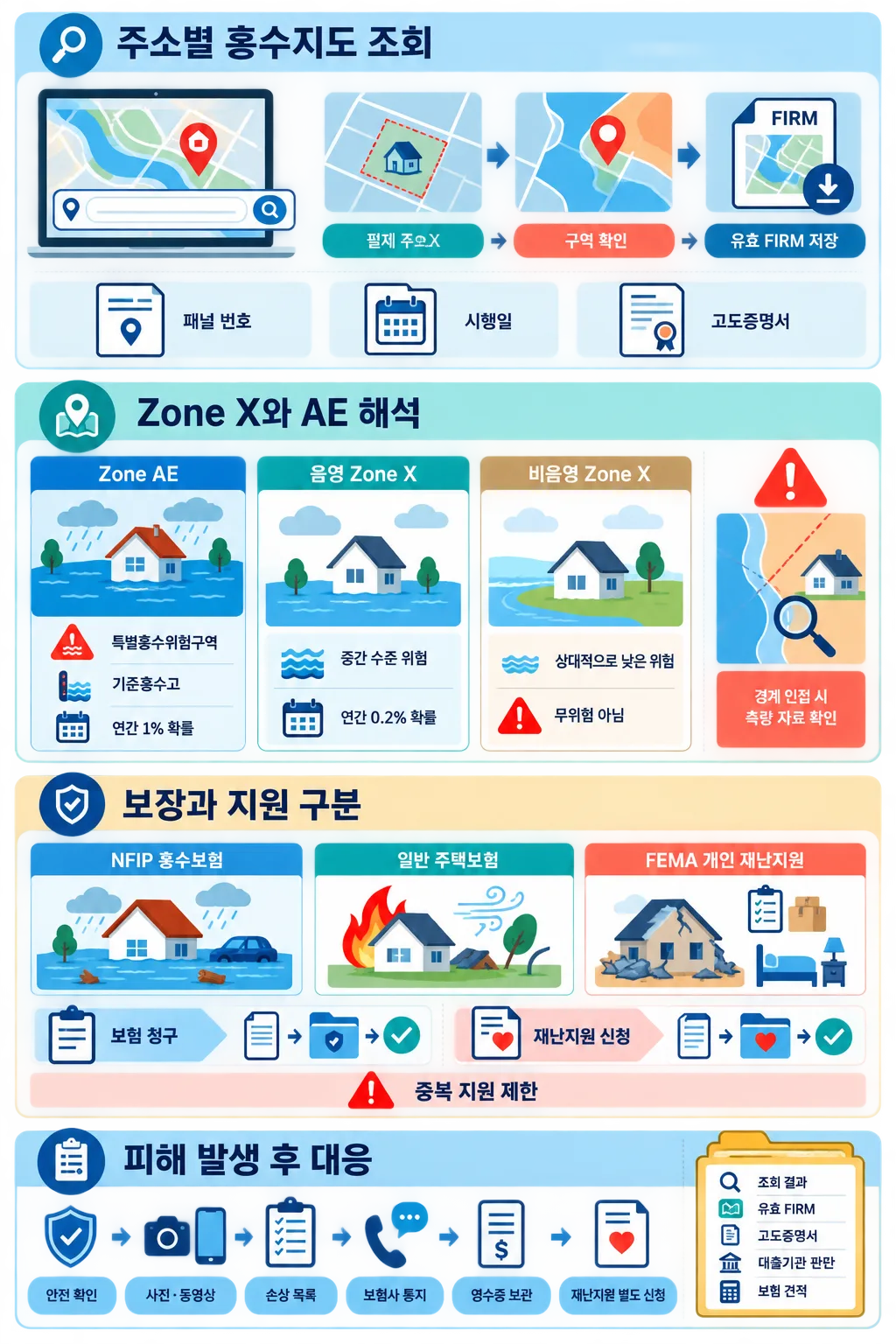 주소별 홍수지도 조회, Zone X·AE, 보험 보장과 피해 대응 절차를 안내하는 인포그래픽