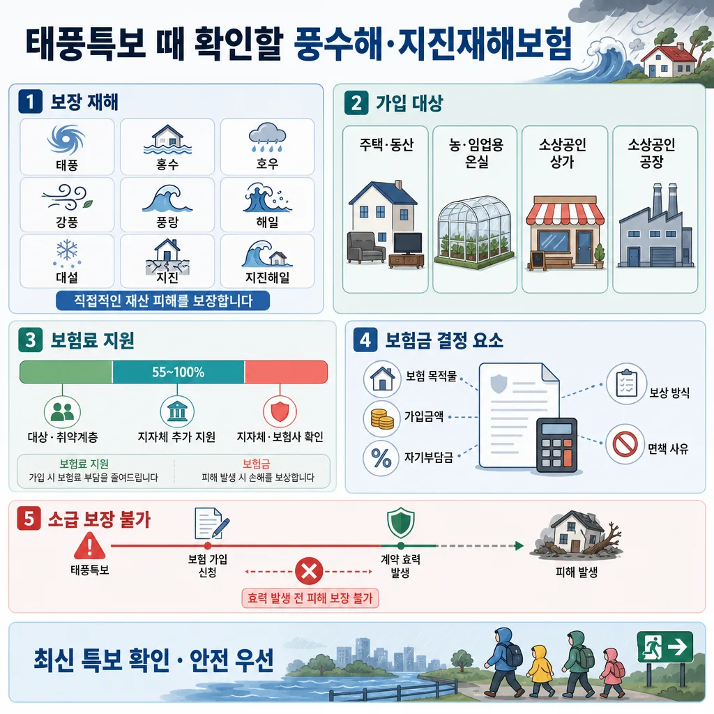 태풍특보 시 풍수해·지진재해보험의 보장 재해, 가입 대상, 보험료 지원과 보상 기준을 정리한 안내문