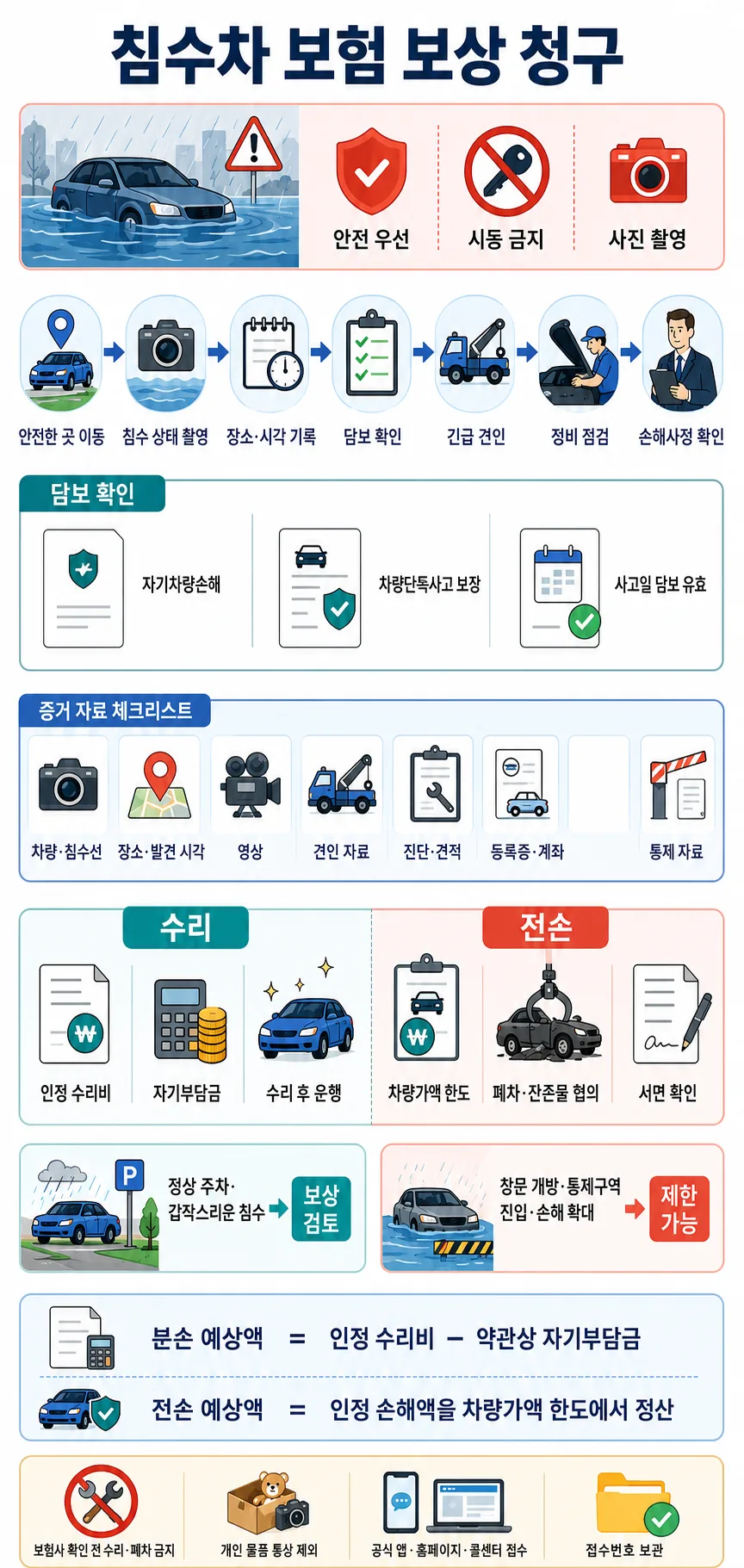 침수차 보험 보상 청구 절차와 담보, 증거 자료, 수리·전손 기준을 정리한 안내도