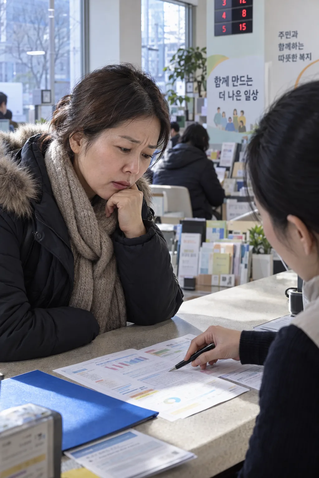 주민센터 창구에서 직원이 서류를 가리키며 상담하는 여성