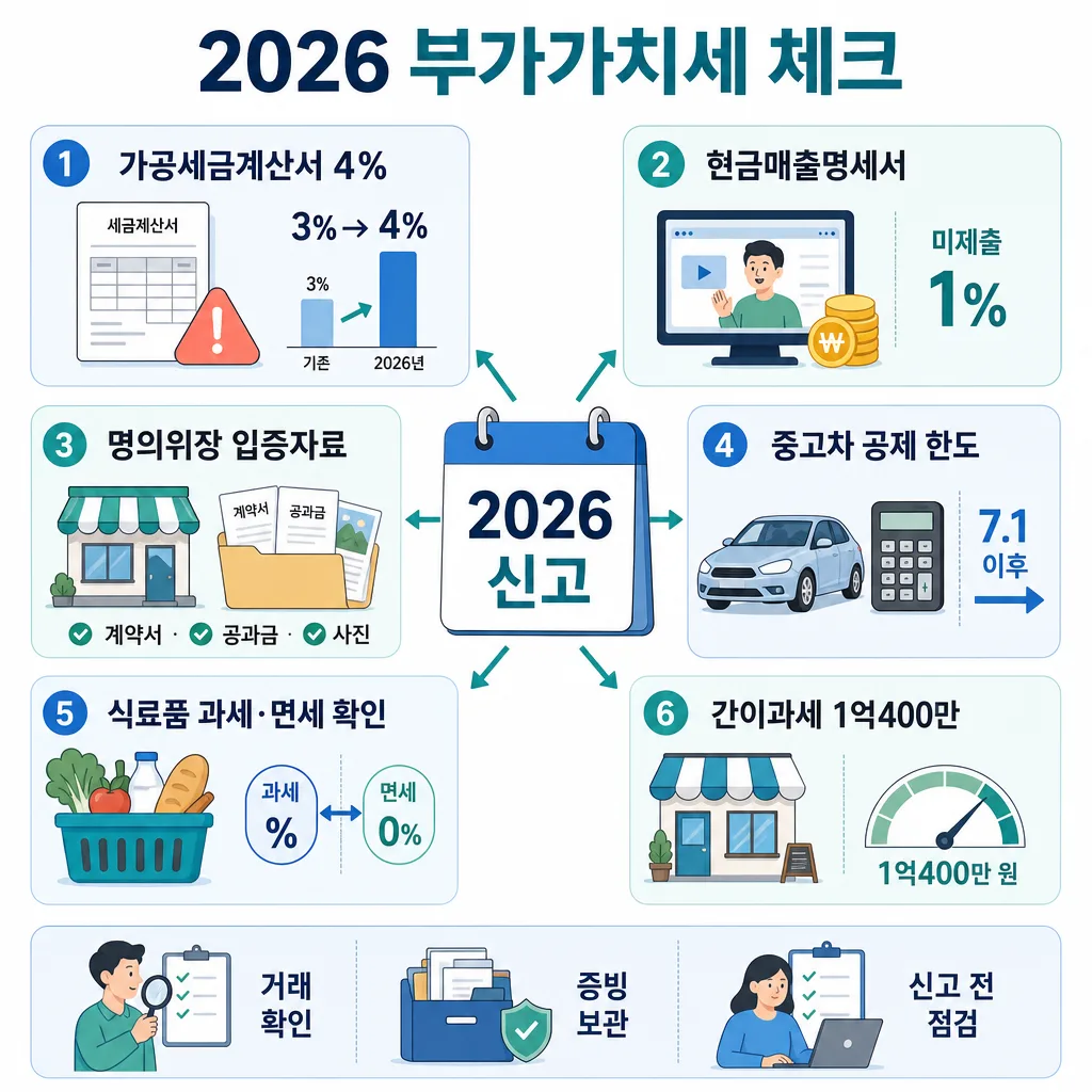 2026 부가가치세 신고 체크리스트와 공제·가산세 기준을 정리한 인포그래픽