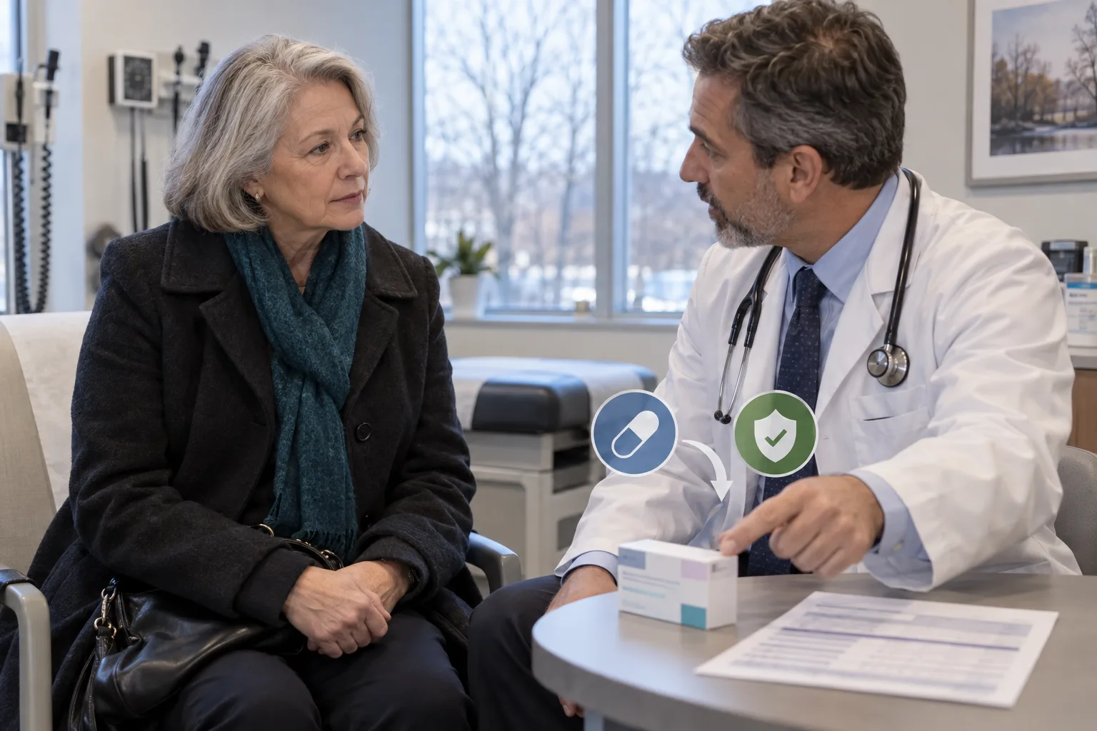 A doctor points to a medicine carton while speaking with an older woman in a clinic; pill and shield symbols appear over them.