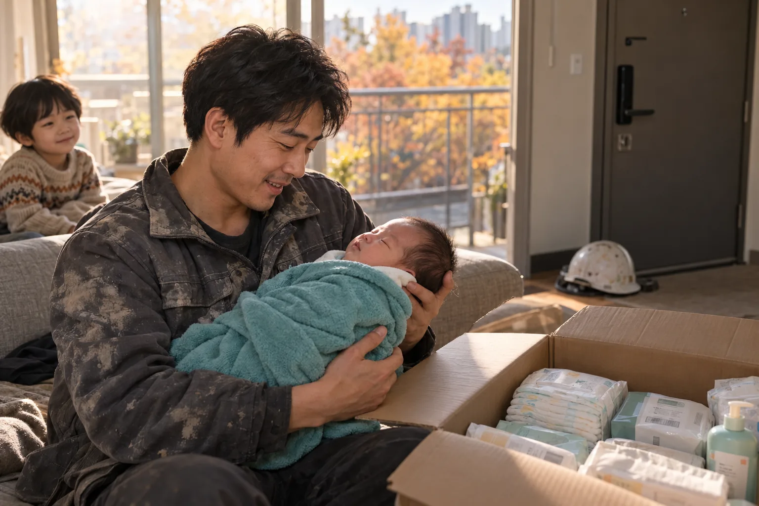 A father in a dusty work jacket cradles a newborn beside a box of baby supplies as an older child looks on.