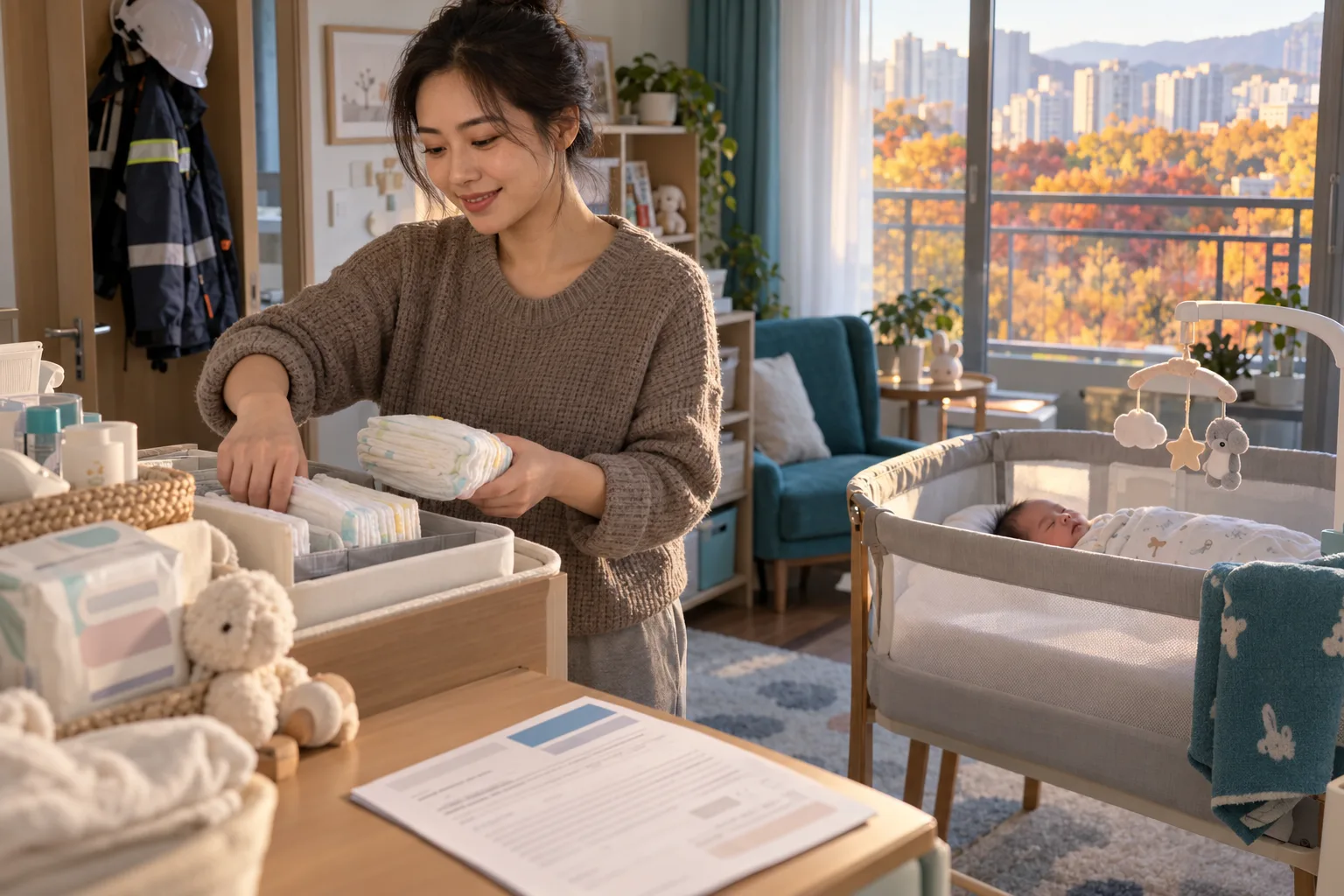 A mother arranges diapers beside her sleeping newborn, with a work jacket by the door and a document on the dresser.
