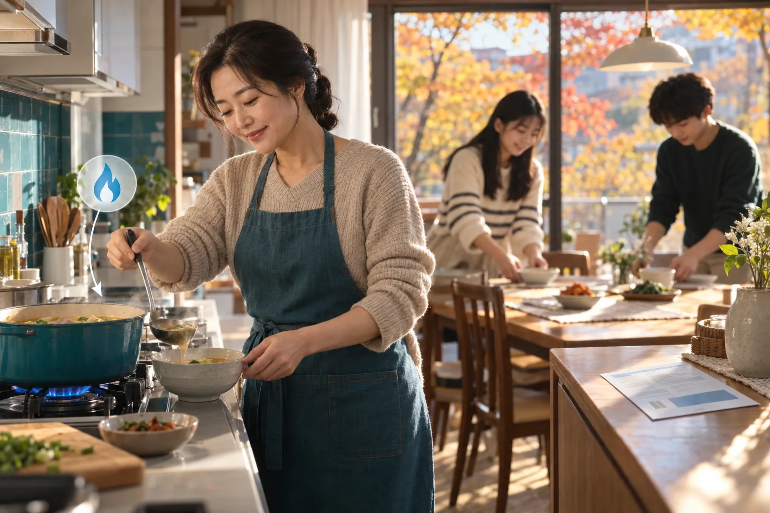 어머니가 가스레인지에서 국을 떠 담고 두 자녀가 뒤에서 식탁을 차리는 주방