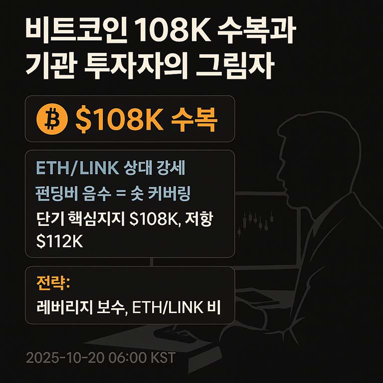 비트코인 108K 수복과 기관 투자자의 그림자: 업비트 현물 시장 기준 암호화폐 전망 및 펀딩 비율 심층 분석 (2025년 10월 20일 06시)