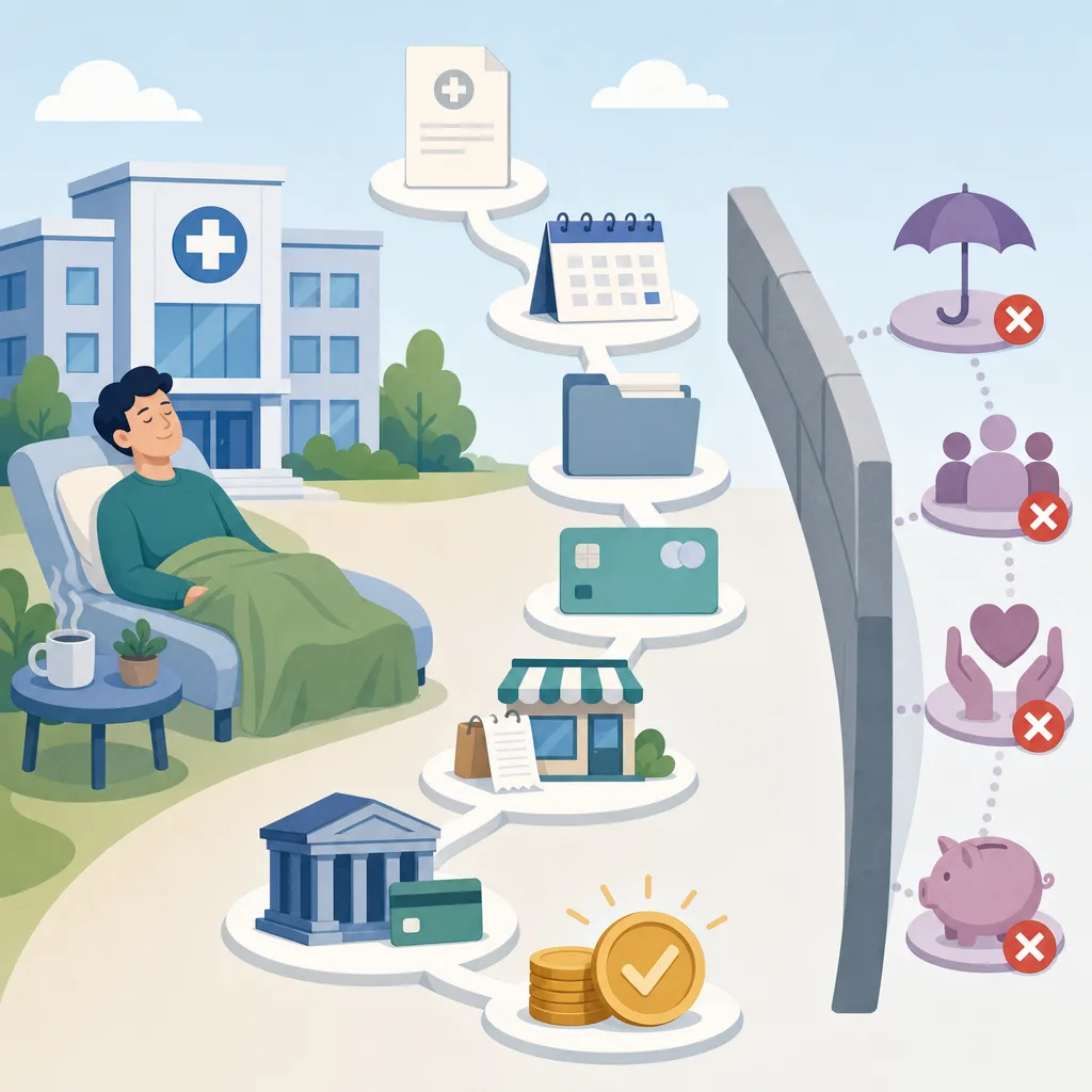 Patient resting by a hospital beside a pathway of documents, calendar, bank card and benefit payment