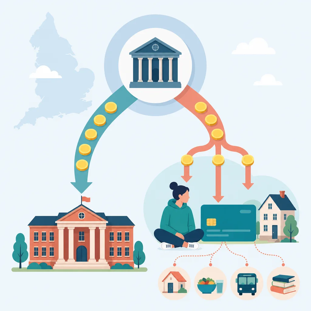 英国の公的機関から大学と学生の生活費へ資金が流れる仕組みを示す図
