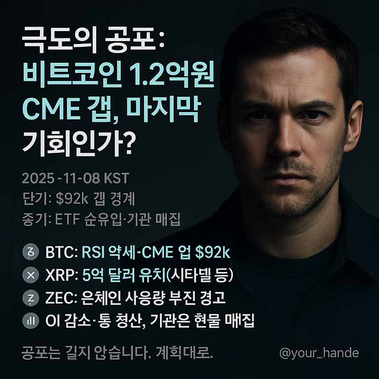 '극도의 공포' 시장 분석: 1억 2천만 원($92k) CME 갭이 마지막 기회인가? 리플(XRP), 지캐시(ZEC) 온체인 데이터 심층 분석