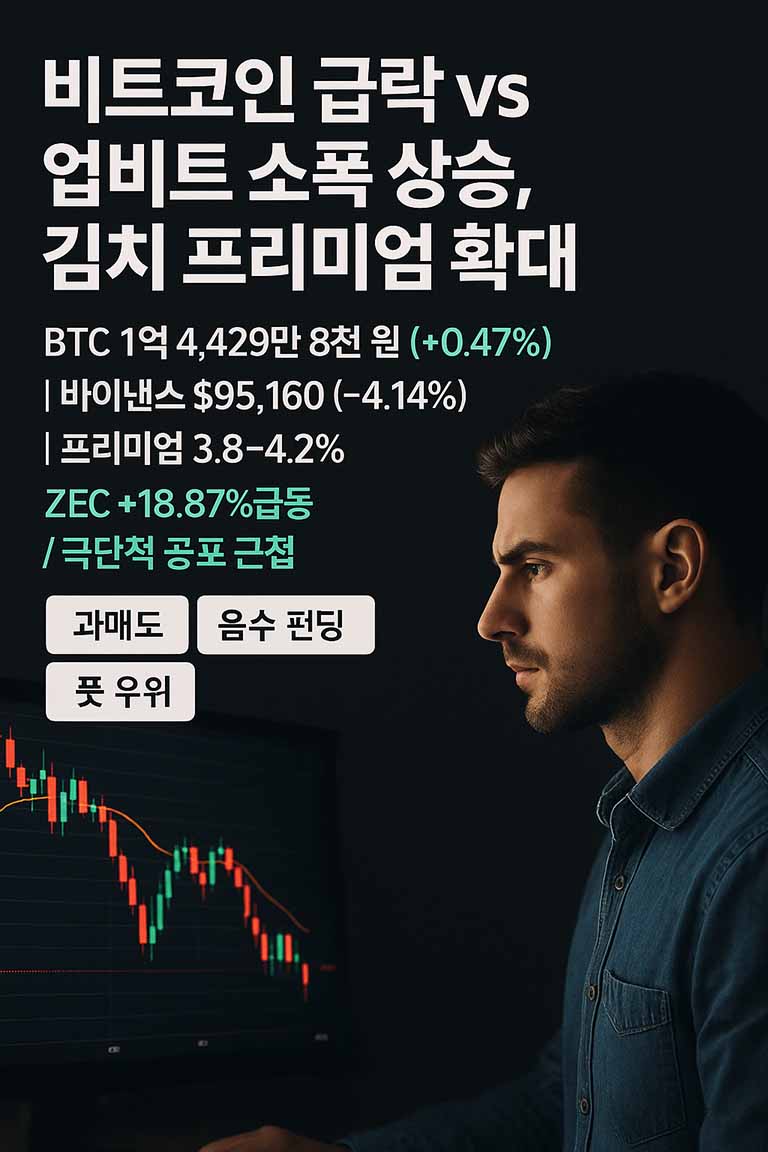 비트코인 1억 4,400만 원 붕괴, 365일 이평선 하회... '극단적 공포' 속 김치 프리미엄 4% 급등. XRP ETF 쇼크와 ZEC(지캐시) 폭등 원인 심층 분석 (2025년 11월 15일)