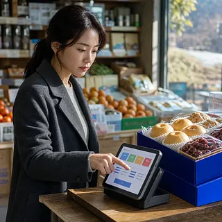 果物店で梨とナツメの箱を前にタブレット端末を操作する女性