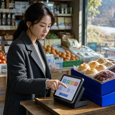 과일 가게에서 태블릿 단말기를 조작하는 여성과 포장된 배·대추 상자