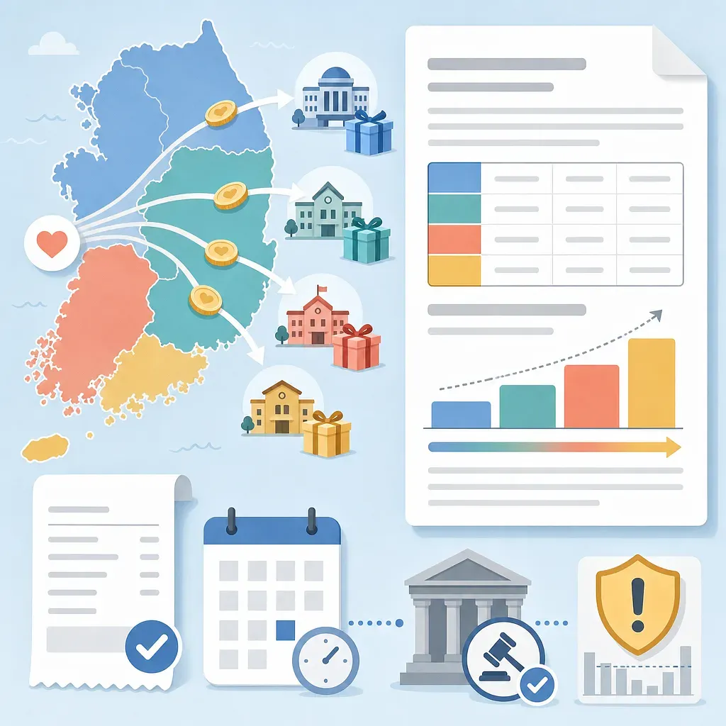 韓国地図から地域施設や返礼品へ寄付金が流れ、税額控除表につながるインフォグラフィック