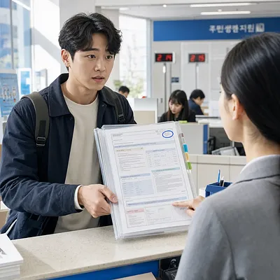 住民生活支援窓口で書類ファイルを持ち、職員の案内を受ける男性