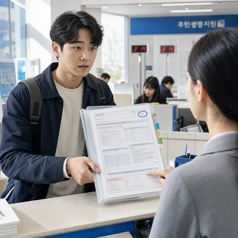 Man holding a document folder while receiving guidance from a clerk at a public service counter