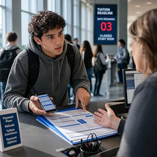 Estudiante muestra su teléfono y documentos a una asesora de ayuda financiera universitaria
