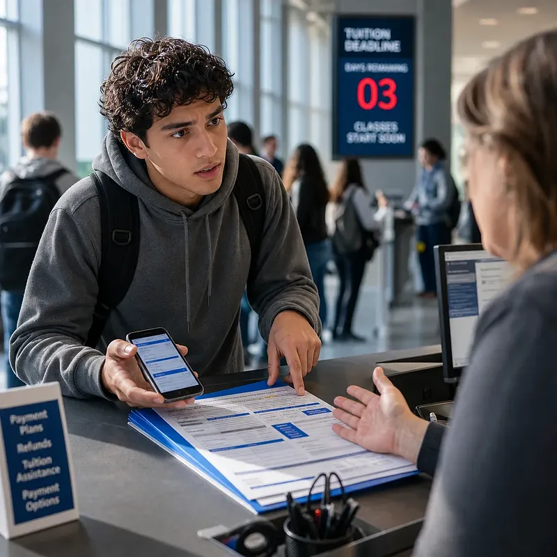 Student showing his phone and paperwork to an adviser at a college financial aid desk