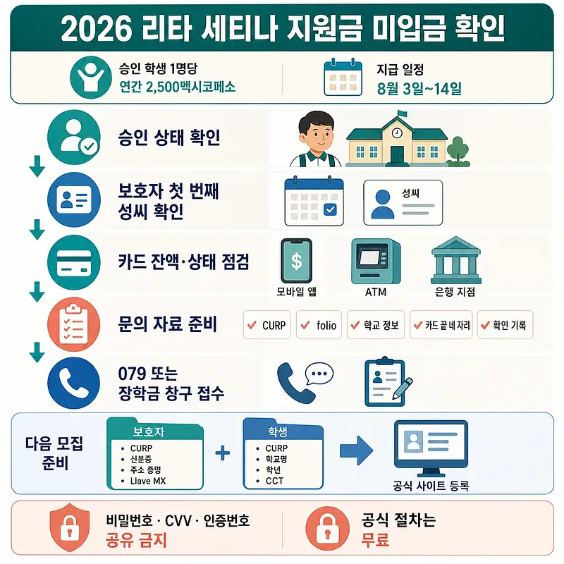 2026年リタ・セティナ支援金の未入金確認と次回申請準備を案内する図