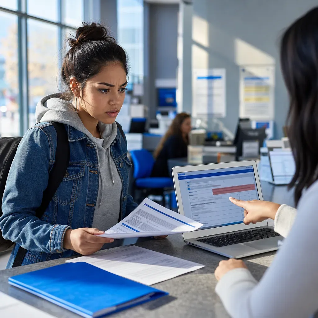Estudiante con formularios mientras una asesora señala una solicitud en una computadora portátil