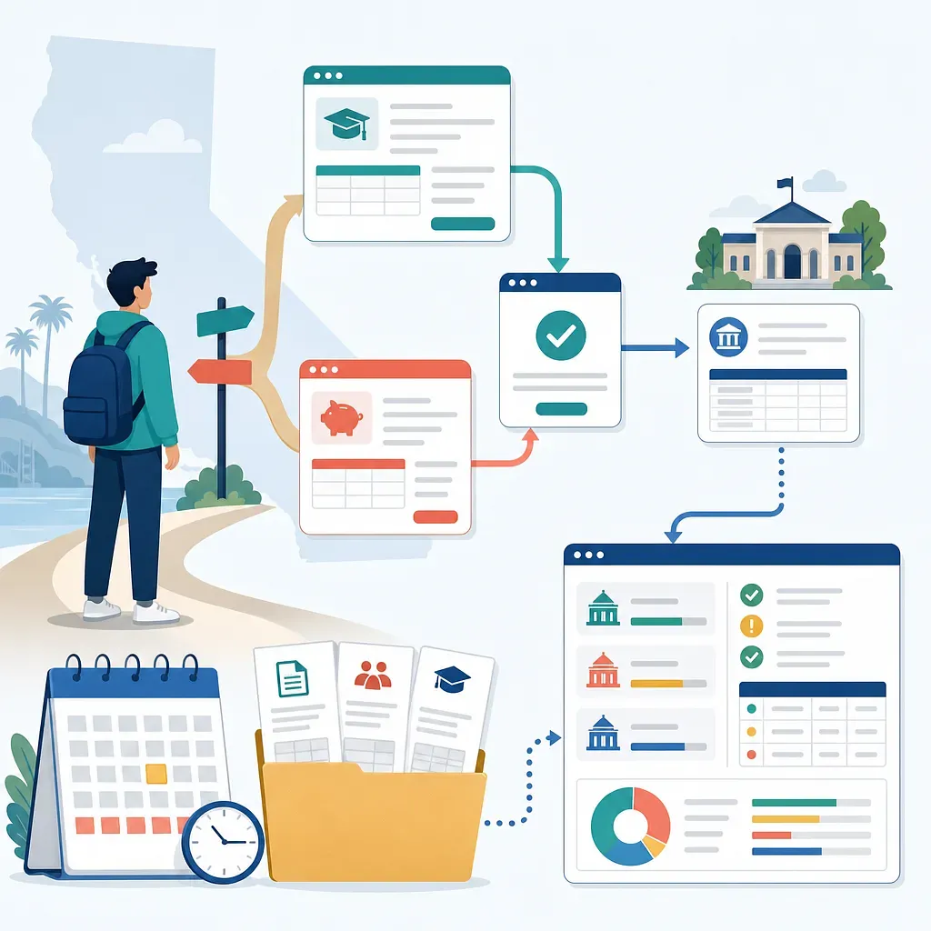 Student with online forms, a college campus, calendar, and financial aid application dashboard
