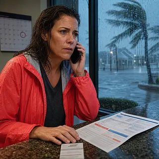 Mujer con impermeable rojo mojado llama junto a documentos mientras la lluvia inunda la calle