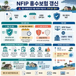 NFIP 홍수보험 갱신 절차, 30일 유예기간, 가입 경로와 허리케인 시즌을 안내하는 인포그래픽