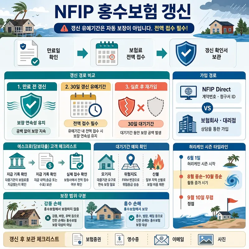 NFIP 홍수보험 갱신 절차, 30일 유예기간, 가입 경로와 허리케인 시즌을 안내하는 인포그래픽