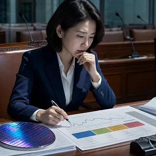 Woman reviewing a chart beside a semiconductor wafer in a meeting room