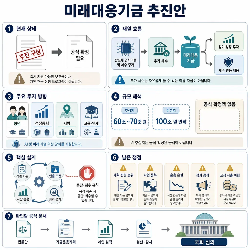 미래대응기금의 추진 상태, 재원 흐름, 투자 방향, 규모 추정과 남은 쟁점을 정리한 인포그래픽