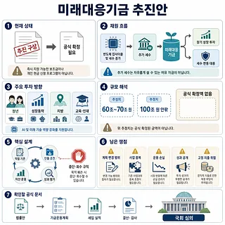미래대응기금의 추진 상태, 재원 흐름, 투자 방향, 규모 추정과 남은 쟁점을 정리한 인포그래픽