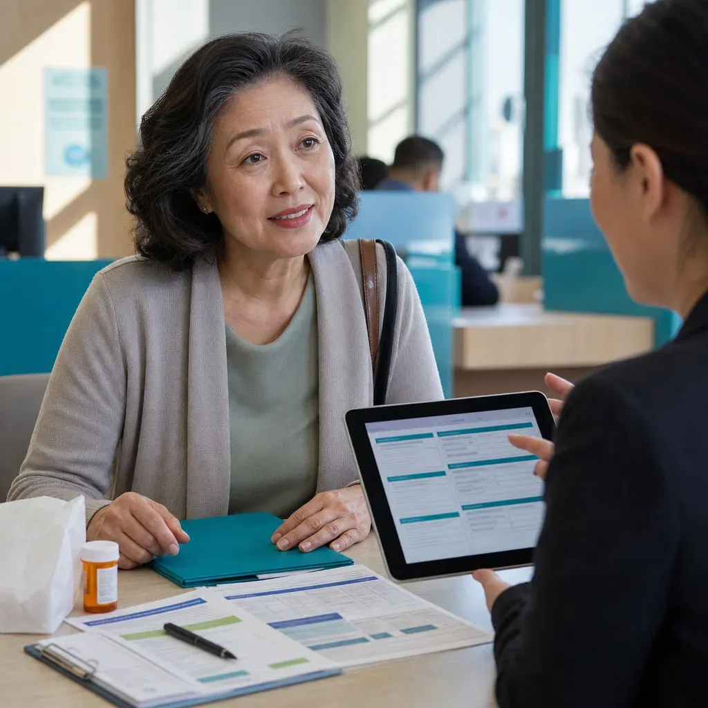 Older woman consulting with an adviser using a tablet beside forms and a prescription bottle