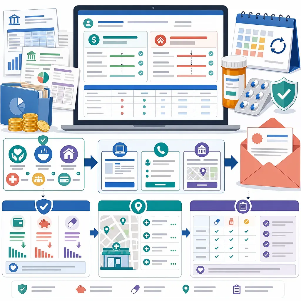 Infografía de ayuda médica con portátil, documentos financieros, medicamentos, calendario y pasos de solicitud