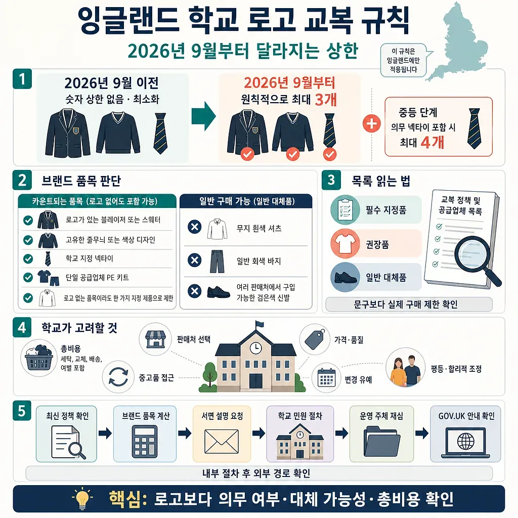 2026년 9월 시행 잉글랜드 학교 로고 교복 지정품 상한과 대응 절차를 정리한 인포그래픽