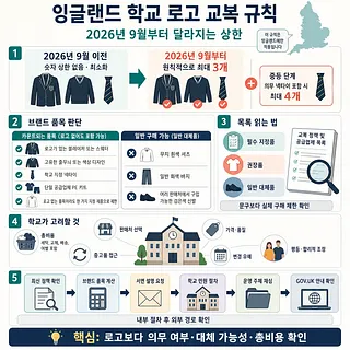 2026년 9월 시행 잉글랜드 학교 로고 교복 지정품 상한과 대응 절차를 정리한 인포그래픽