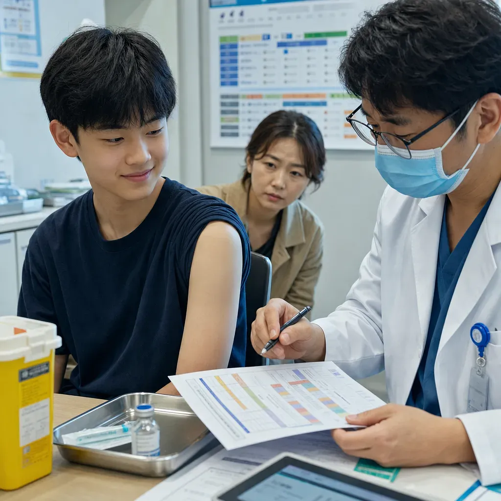 의사가 예방접종 서류를 확인하는 동안 소매를 걷고 앉아 있는 청소년과 보호자