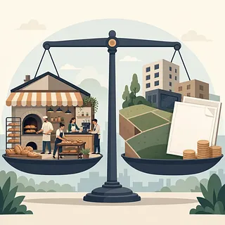 天秤に載るベーカリーカフェと、建物・土地・書類・硬貨のイラスト
