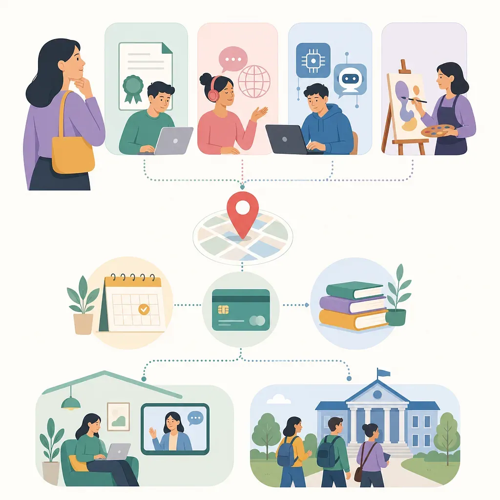Ilustración de cursos en línea, libros y formación presencial con un bono educativo