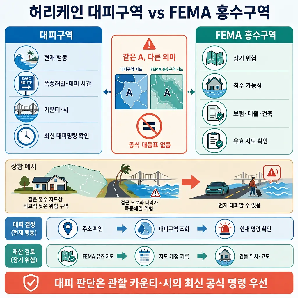 허리케인 대피구역과 FEMA 홍수구역을 지도, 아이콘, 침수 사례로 비교한 인포그래픽