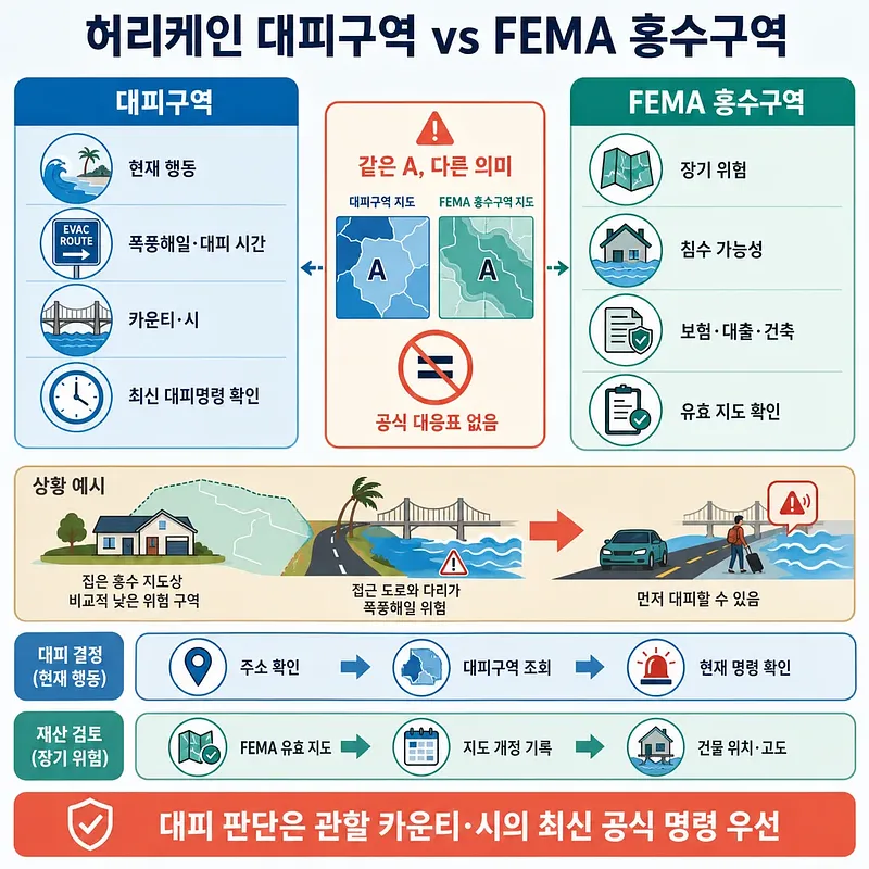허리케인 대피구역과 FEMA 홍수구역을 지도, 아이콘, 침수 사례로 비교한 인포그래픽
