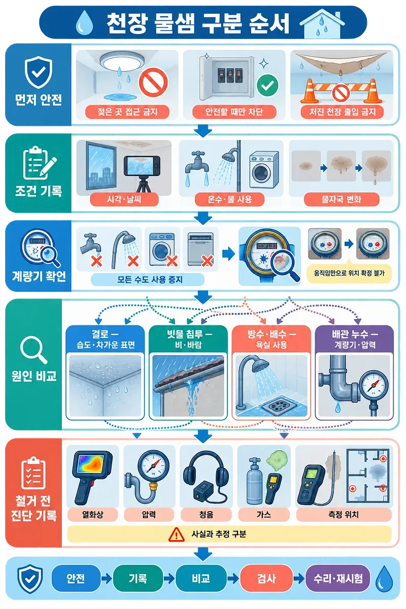 천장 물샘 원인을 결로·빗물 침투·방수 배수·배관 누수로 구분하는 단계별 안내도